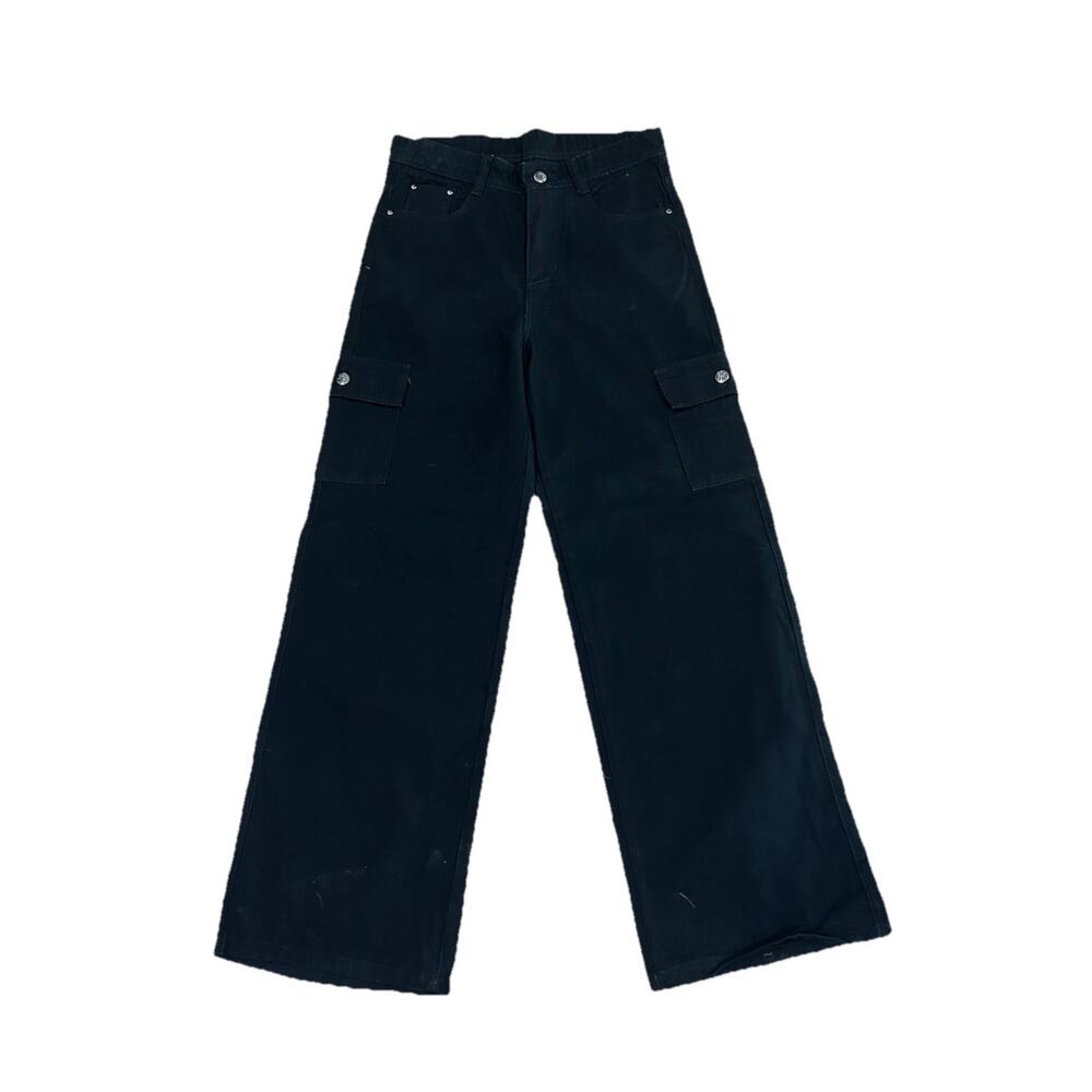 Y2K Fever Jeans Black Cargo Pants Wide Leg Skater 28x30 Low Rise Alt -